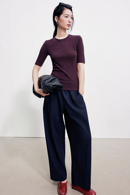 Wool-blend elastic waist gathered wide-leg pants B4996