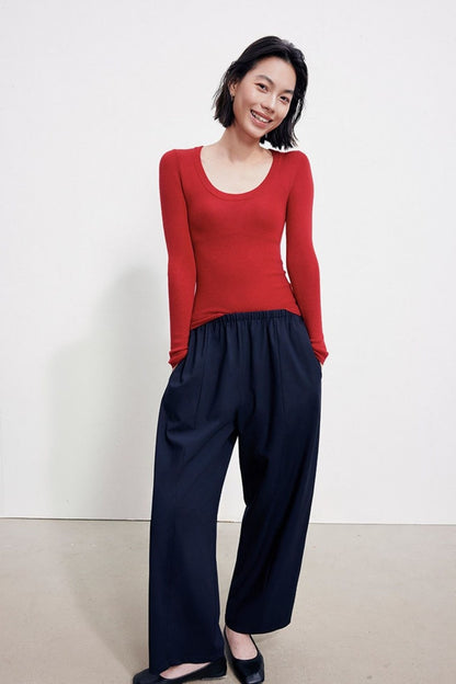 Wool-blend elastic waist gathered wide-leg pants B4996