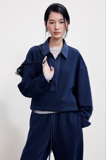 Polo Collar Oversized Sweatshirt & Textured Banana Pants B4998