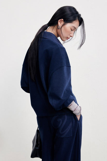 Polo Collar Oversized Sweatshirt & Textured Banana Pants B4998