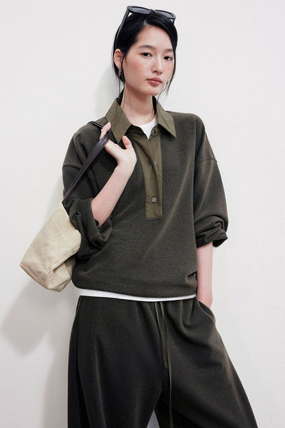 Polo Collar Oversized Sweatshirt & Textured Banana Pants B4998