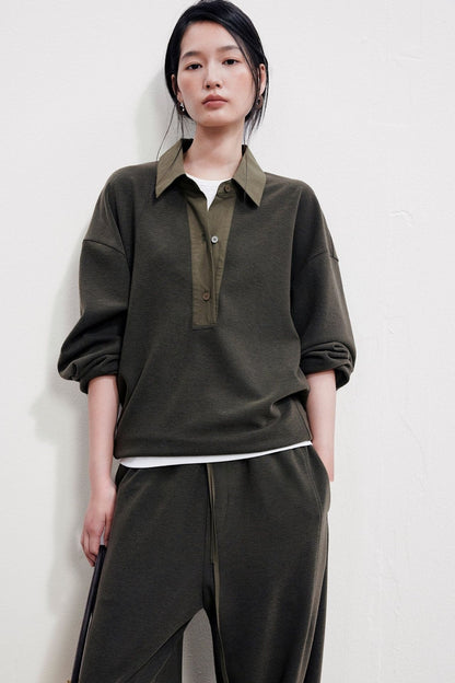 Polo Collar Oversized Sweatshirt & Textured Banana Pants B4998