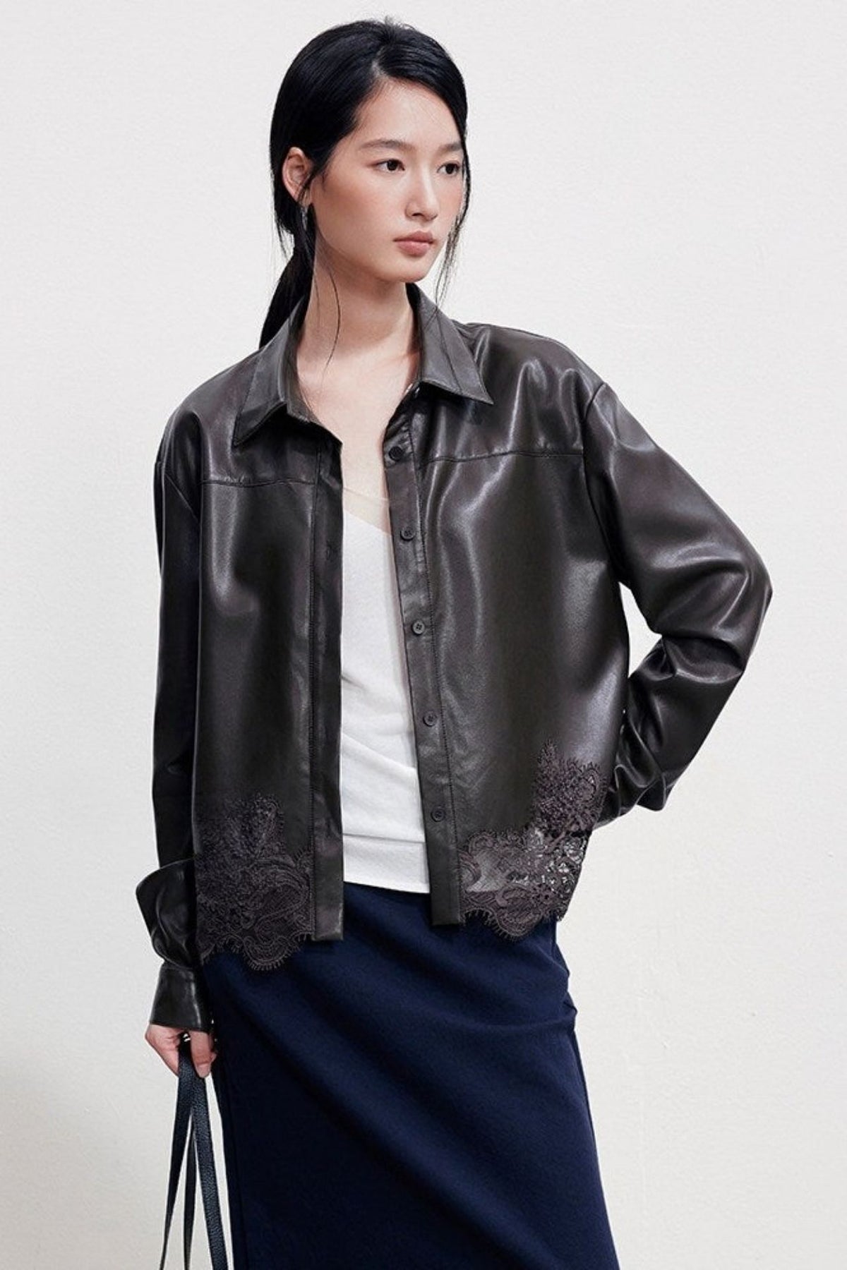 Lace-Paneled PU Leather Short Jacket B4999
