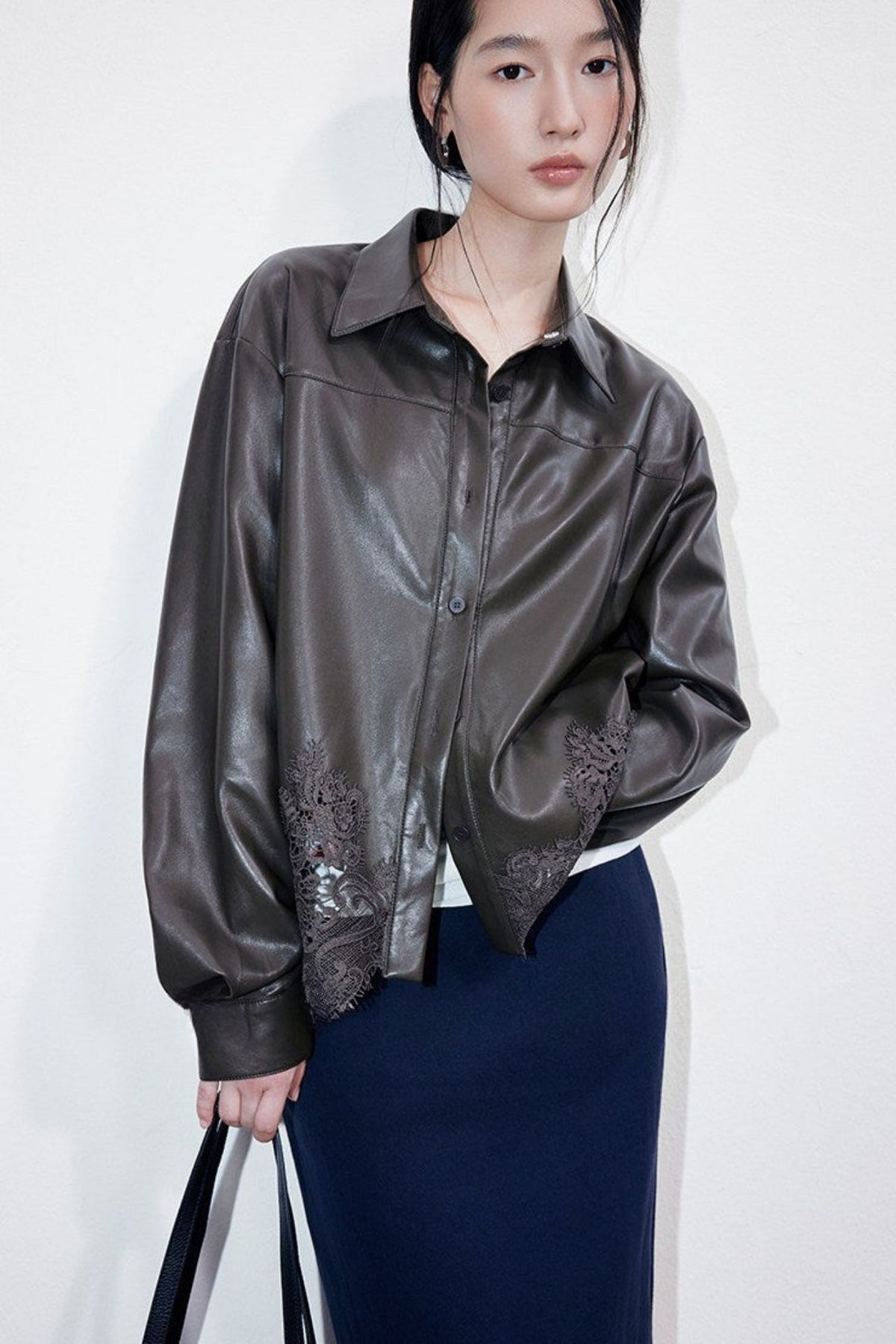 Lace-Paneled PU Leather Short Jacket B4999