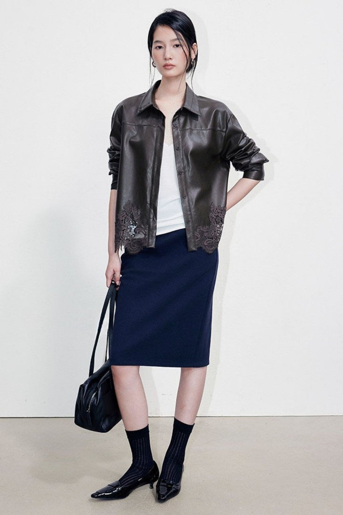 Lace-Paneled PU Leather Short Jacket B4999