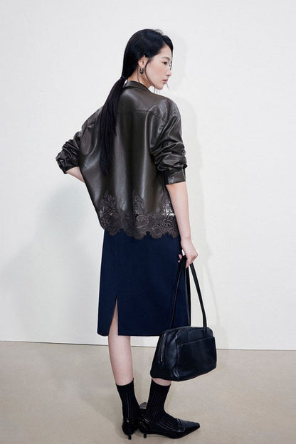 Lace-Paneled PU Leather Short Jacket B4999