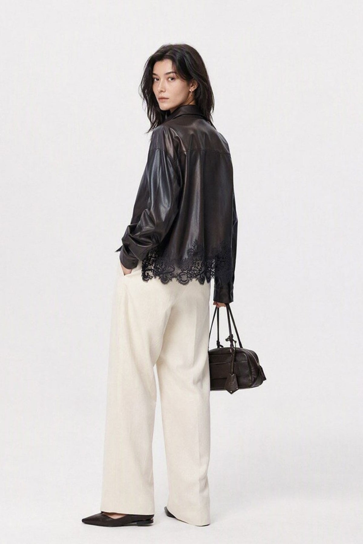 Lace-Paneled PU Leather Short Jacket B4999