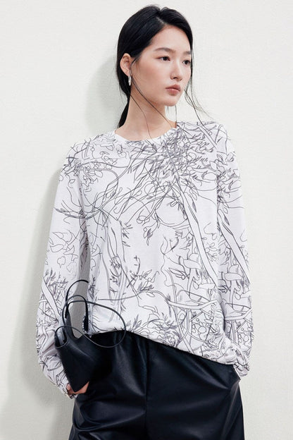 Art Line Print Oversized Crew Neck Long Sleeve T-Shirt B5045
