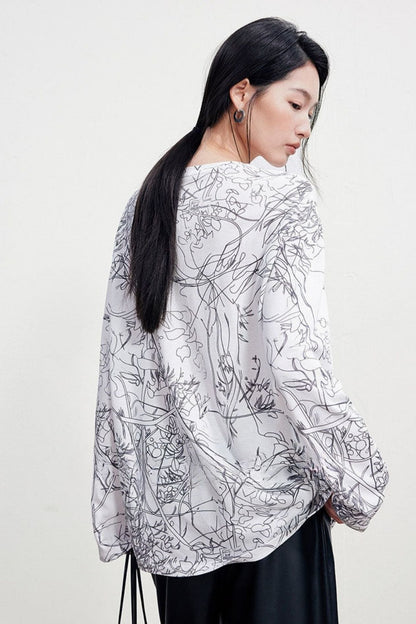 Art Line Print Oversized Crew Neck Long Sleeve T-Shirt B5045