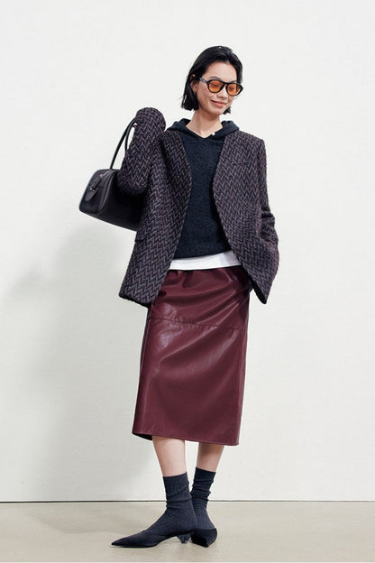 ミニマルノーカラーウール混ツイードジャケット　B5047