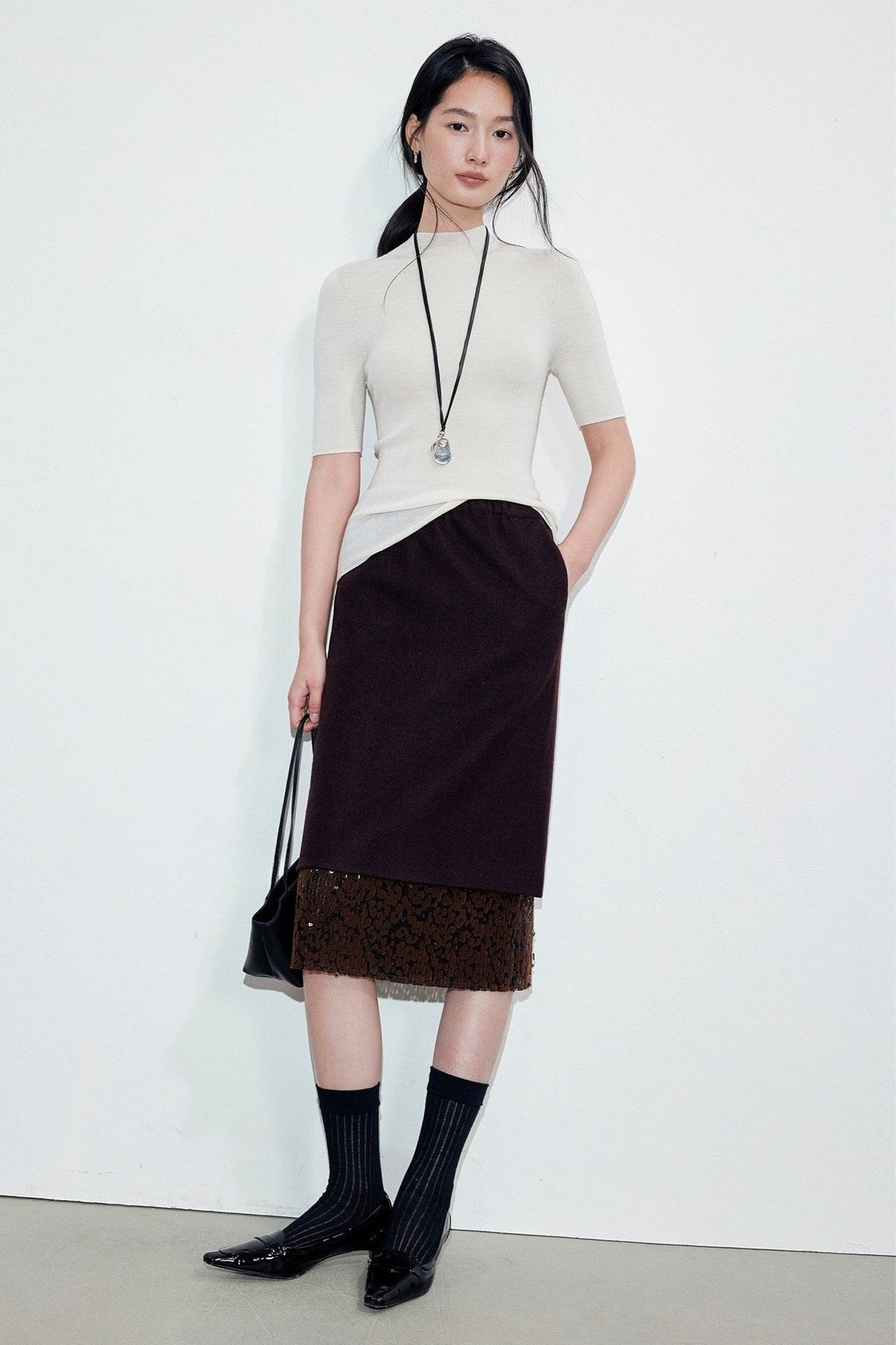 Wool Blend Sequined Embroidered Midi Skirt B5050