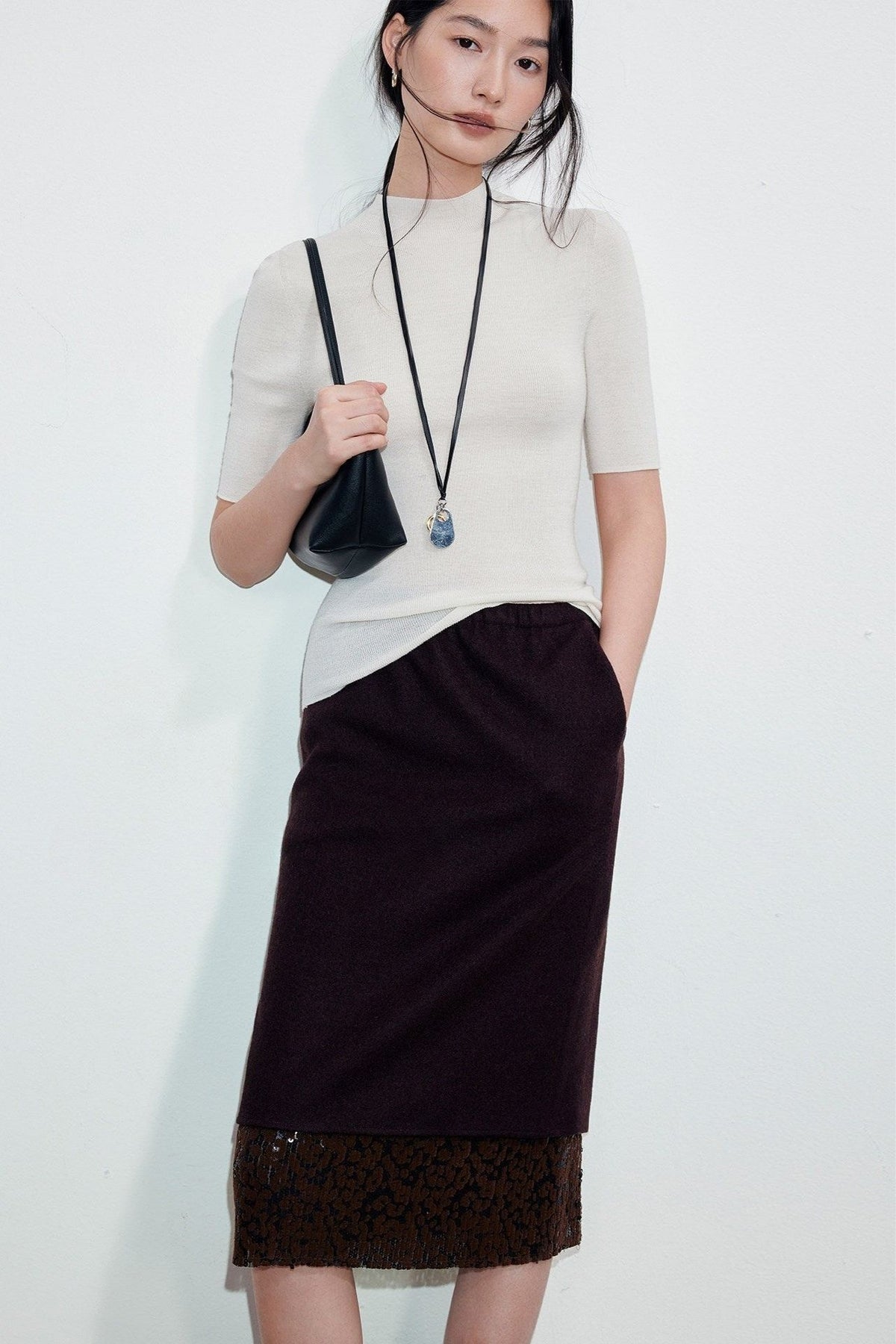 Wool Blend Sequined Embroidered Midi Skirt B5050
