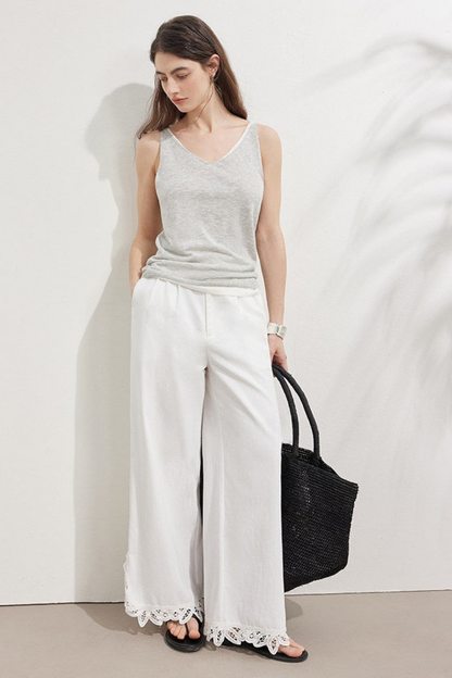 White Lace Cutwork Straight Pants B4740
