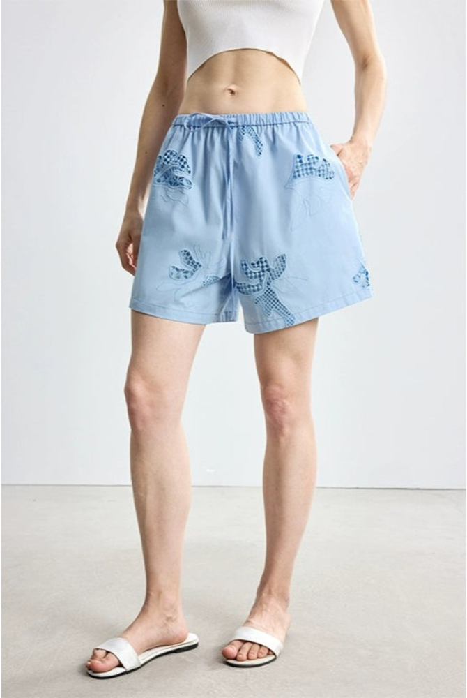 防曬法式寬鬆刺繡襯衫短褲套裝B4144