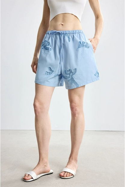 防曬法式寬鬆刺繡襯衫短褲套裝B4144