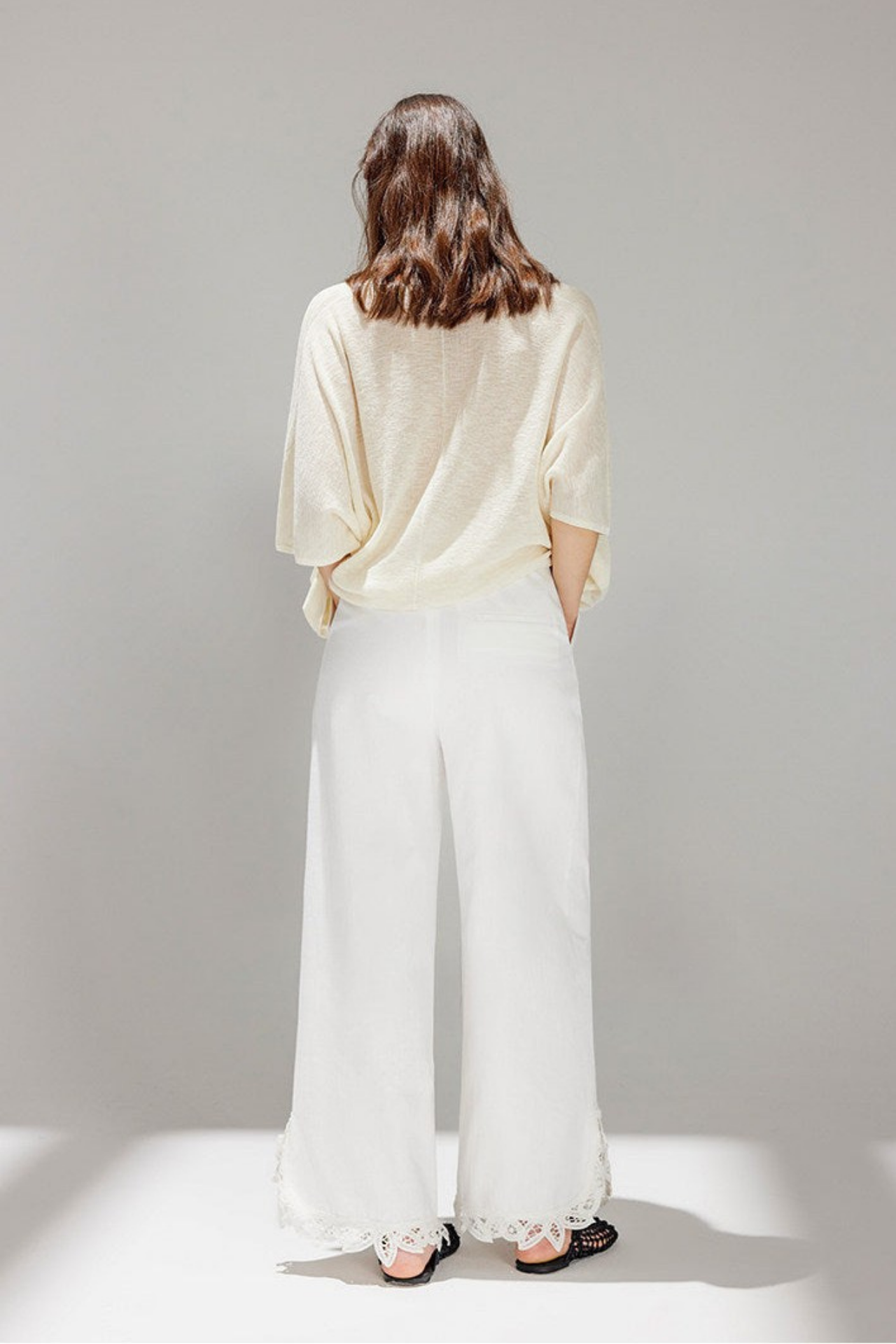 White Lace Cutwork Straight Pants B4740