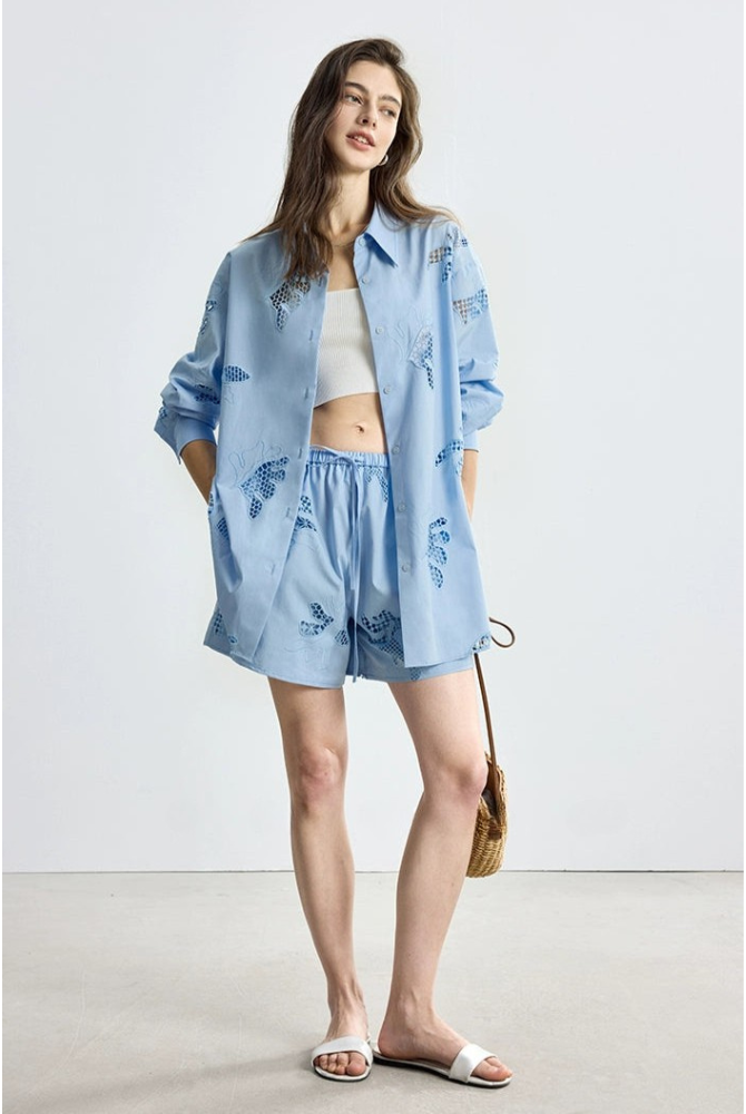 防曬法式寬鬆刺繡襯衫短褲套裝B4144