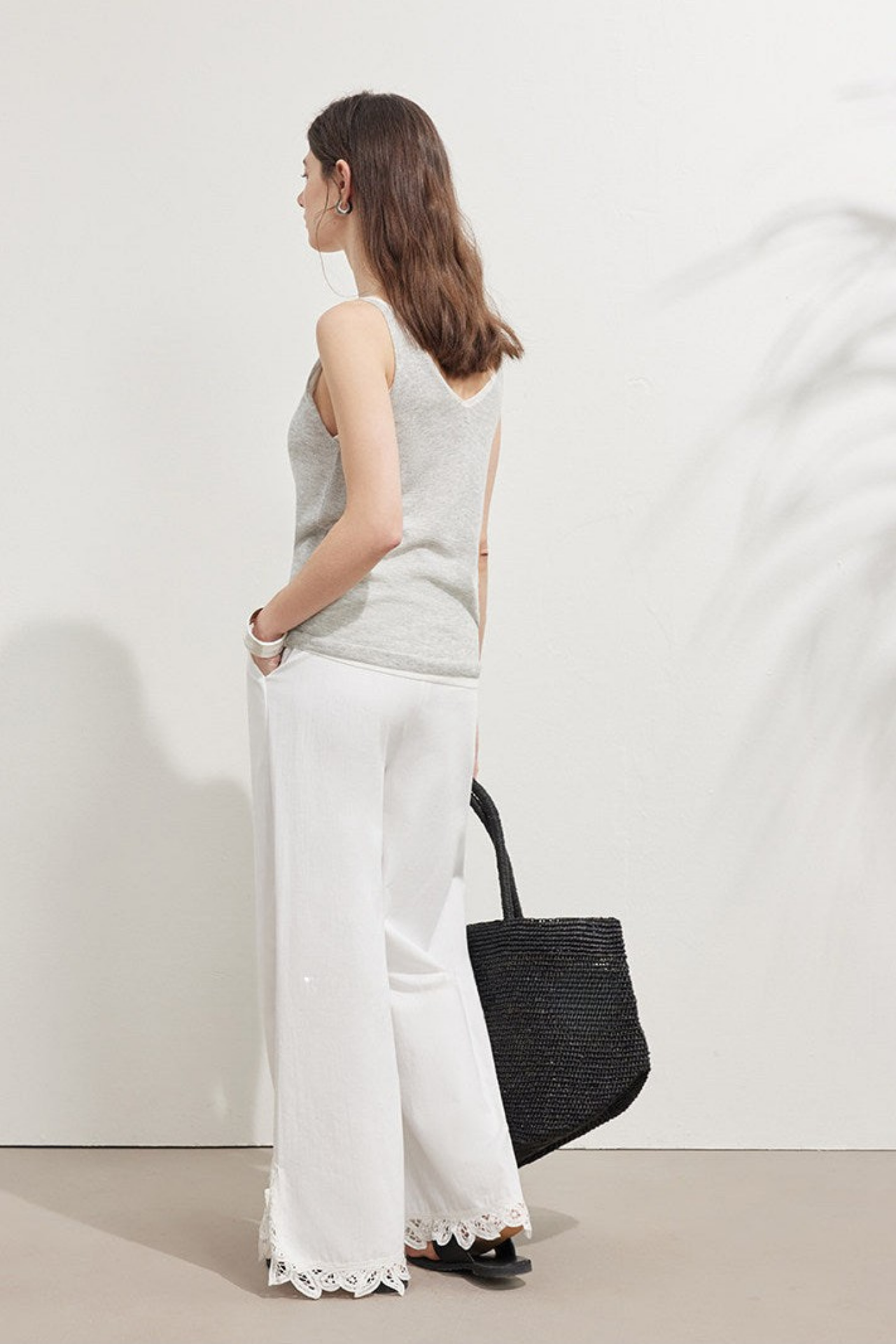 White Lace Cutwork Straight Pants B4740