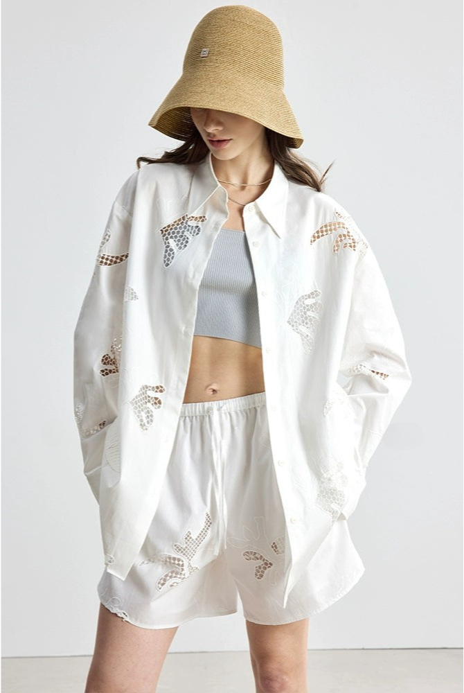 防曬法式寬鬆刺繡襯衫短褲套裝B4144