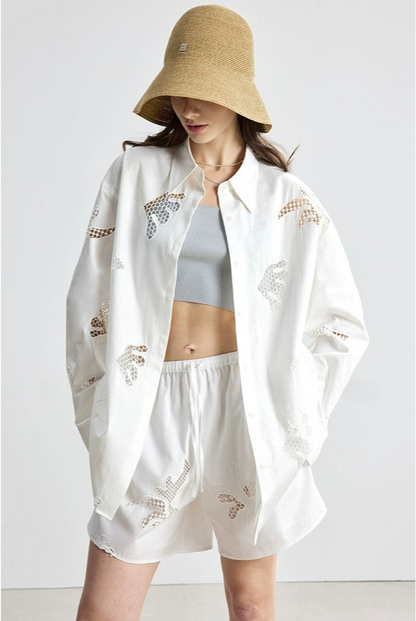 防曬法式寬鬆刺繡襯衫短褲套裝B4144