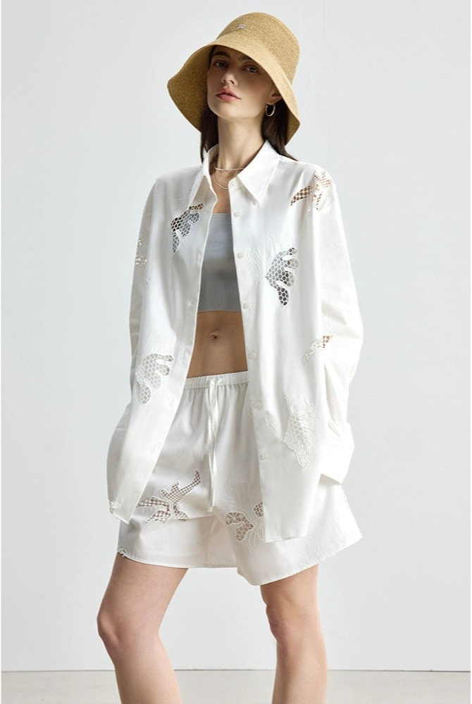 防曬法式寬鬆刺繡襯衫短褲套裝B4144