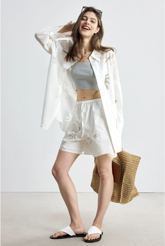 防曬法式寬鬆刺繡襯衫短褲套裝B4144