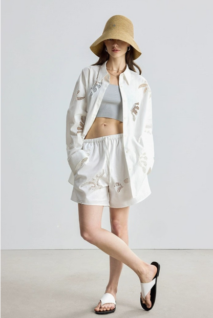 防曬法式寬鬆刺繡襯衫短褲套裝B4144