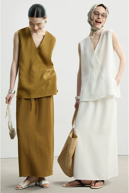 Tencel linen V-neck top and long skirt set B4145