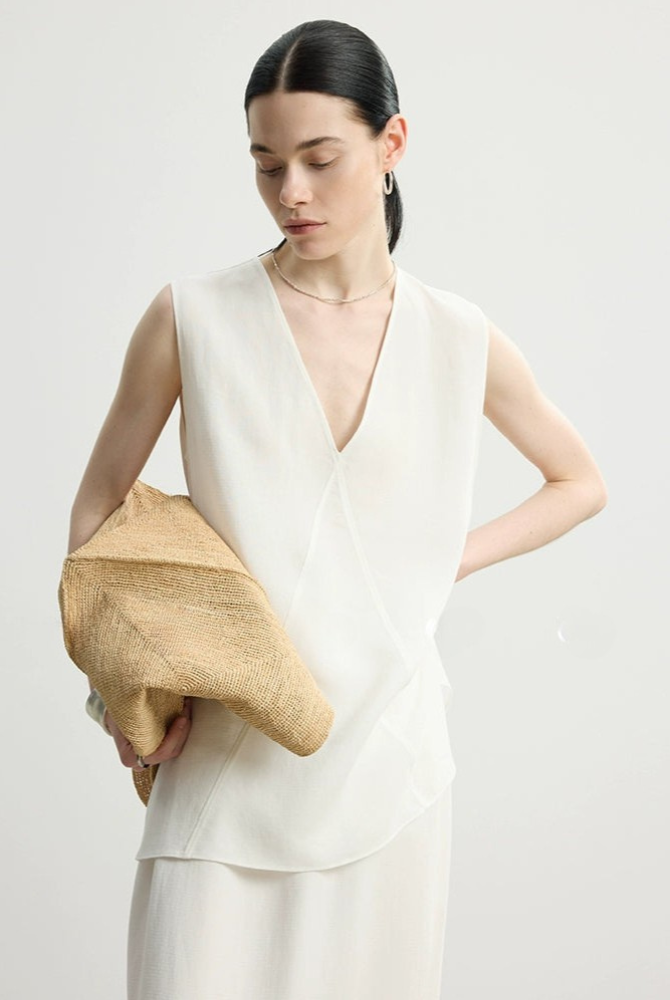 Tencel linen V-neck top and long skirt set B4145