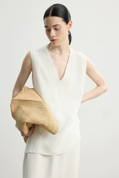 Tencel linen V-neck top and long skirt set B4145