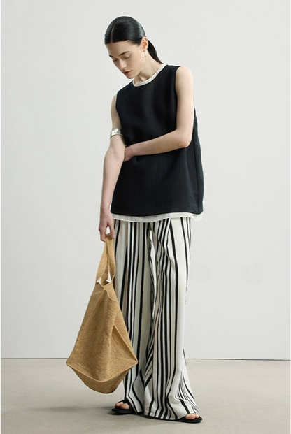 プレミアムブラック＆ホワイトストライプルーズパンツ　B4140