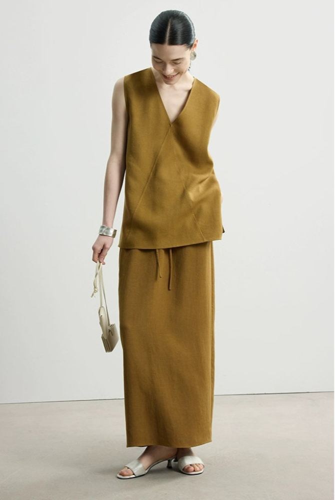 Tencel linen V-neck top and long skirt set B4145