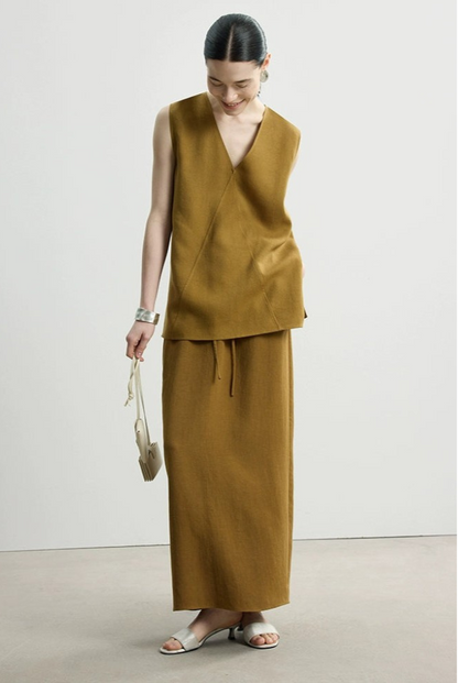 Tencel linen V-neck top and long skirt set B4145