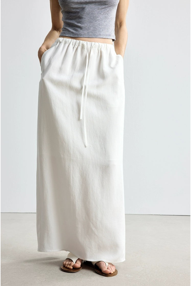 Tencel linen V-neck top and long skirt set B4145