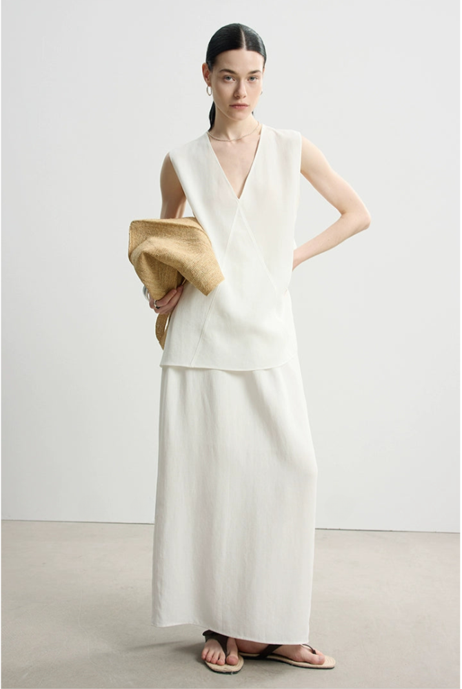 Tencel linen V-neck top and long skirt set B4145