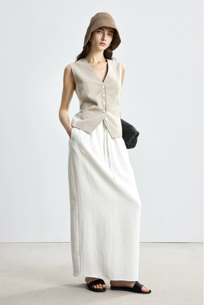 Tencel linen V-neck top and long skirt set B4145