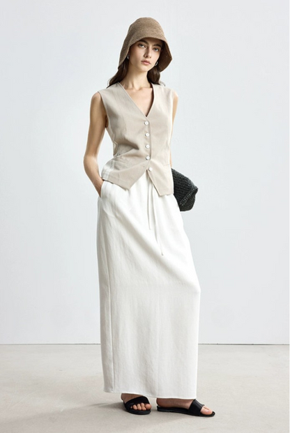 Tencel linen V-neck top and long skirt set B4145