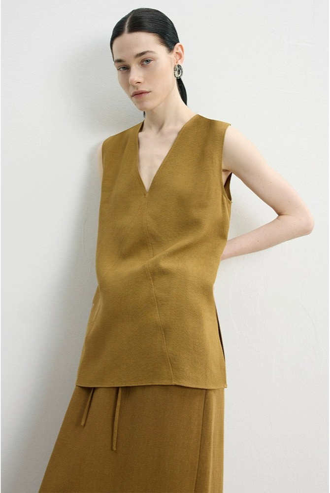 Tencel linen V-neck top and long skirt set B4145