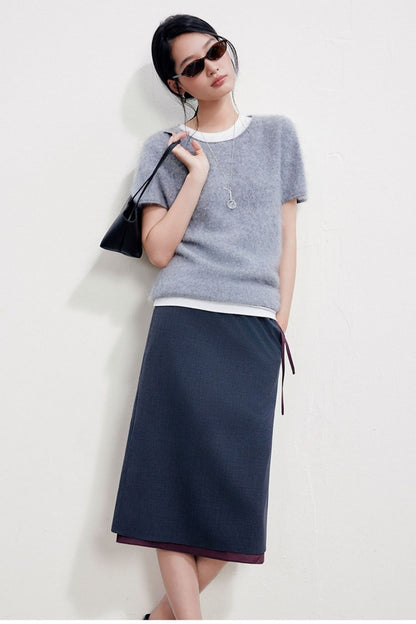 Faux Layered Wool Blend Straight Slit Skirt B4925