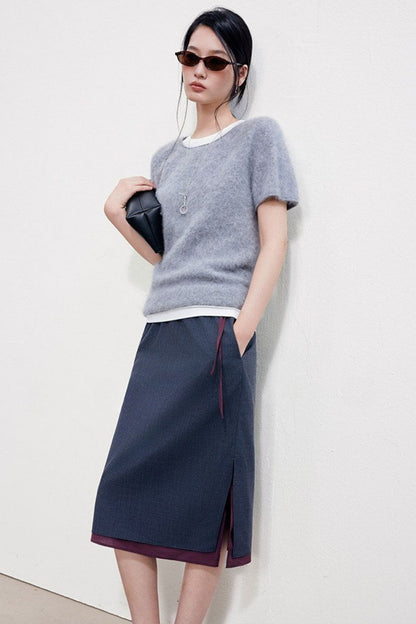 Faux Layered Wool Blend Straight Slit Skirt B4925