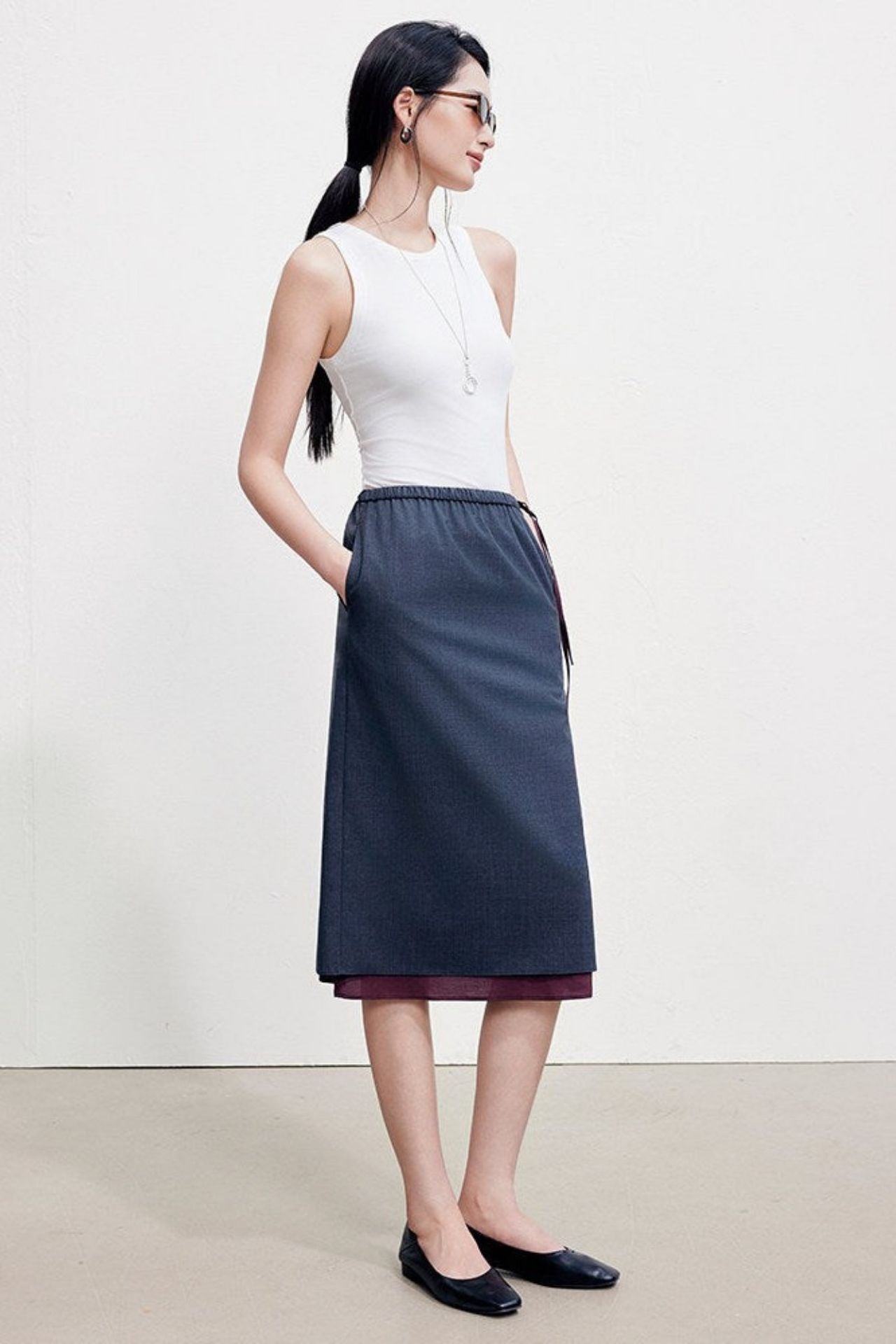 Faux Layered Wool Blend Straight Slit Skirt B4925