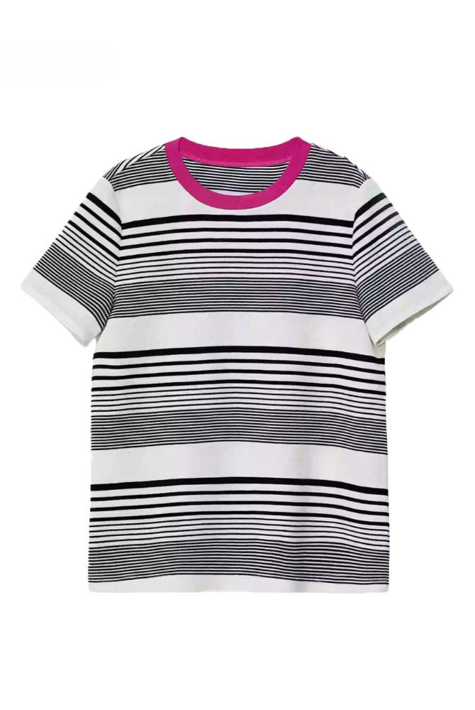 コントラストクルーネック半袖ストライプTシャツ　B4181