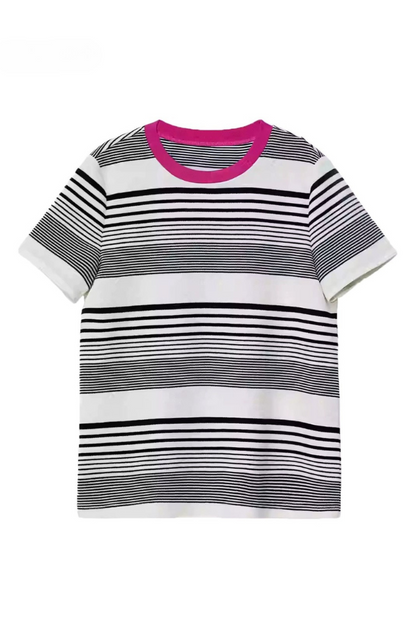 コントラストクルーネック半袖ストライプTシャツ　B4181