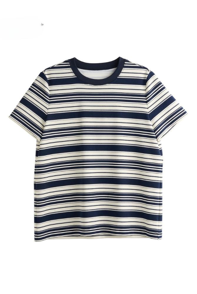 コントラストクルーネック半袖ストライプTシャツ　B4181