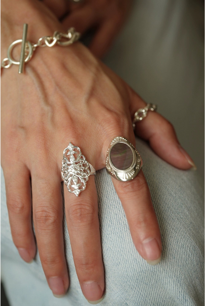 S925貝殼浮雕戒指/蕾絲圖案戒指 B4230