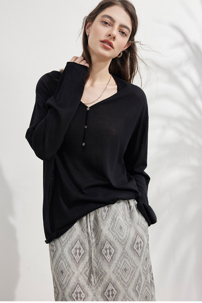 ブラックテンセルリネンVネックルーズセーター　B4747