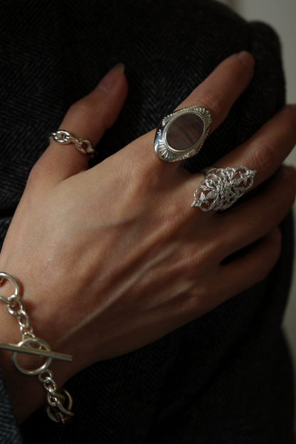 S925貝殼浮雕戒指/蕾絲圖案戒指 B4230