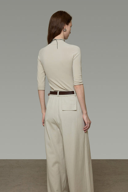 Lyocell Cotton Off-White Pleated Wide-Leg Pants B4912
