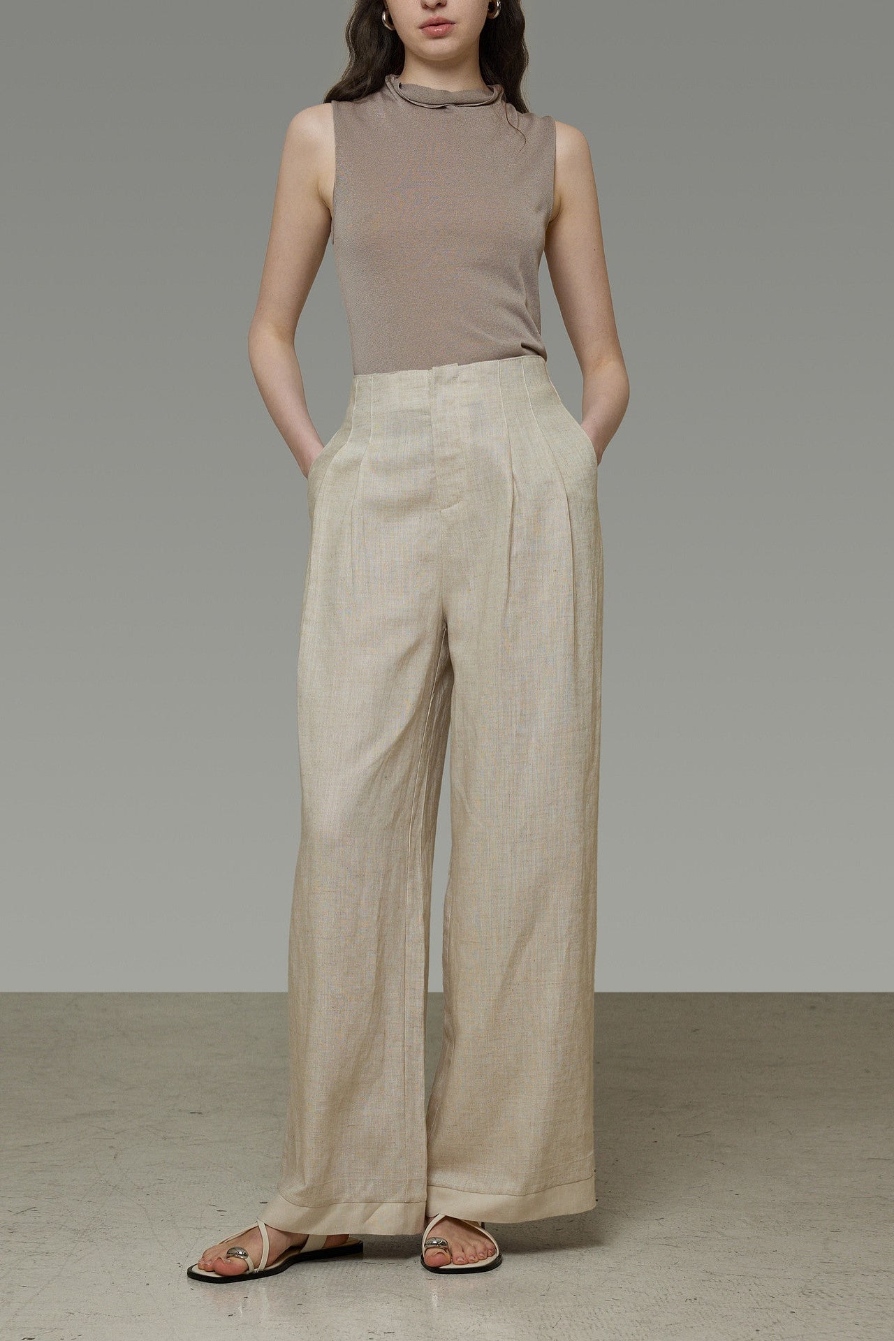 Linen Blend Wide Straight Pants B4774