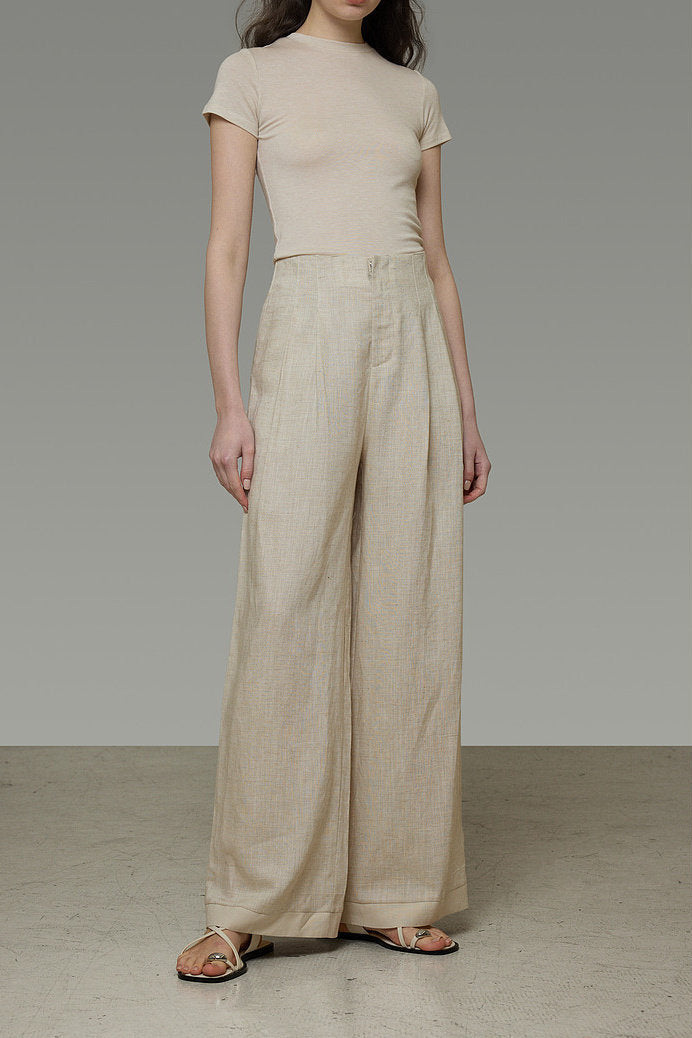 Linen Blend Wide Straight Pants B4774